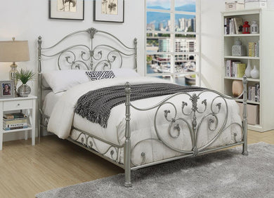 Evita Silver Metal Scrollwork King Bed