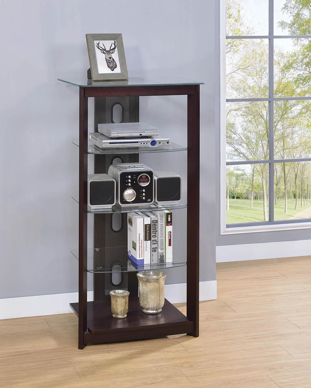 Dark Brown Media Tower With Glass Shelves