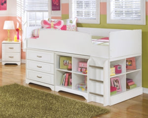 Lulu Twin Loft Bed with 3 Drawer Storage and Bookcase